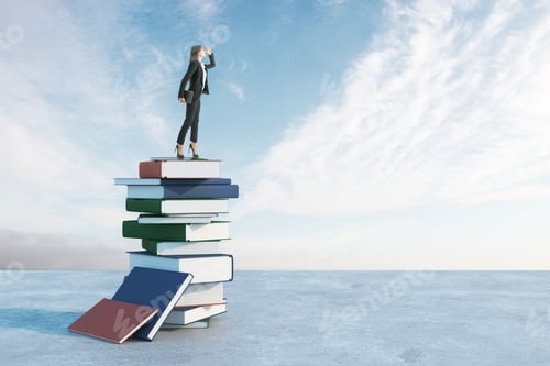 Preview: Businesswoman Standing On Book Pile. Blue Sky Background. Future And Vision Concept