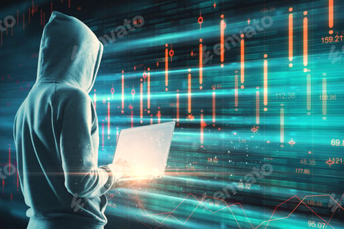 Preview: Side View Of Young Hacker Using Laptop On Digital Background. Big Data And Criminal Concept