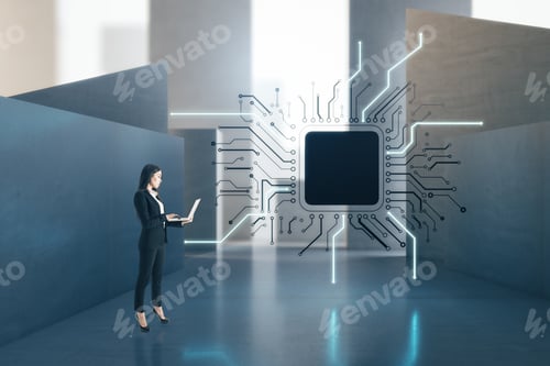 Preview: Attractive European Businesswoman With Laptop Standing In Concrete Interior With Abstract Micro