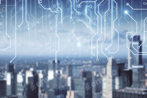 Preview: Blurry Glowing City Background With Circuit. Innovation And Technology Concept. Double Exposure
