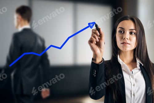 Preview: Attractive Young European Businesswoman Drawing Upward Blue Economic Arrow In Blurry Office
