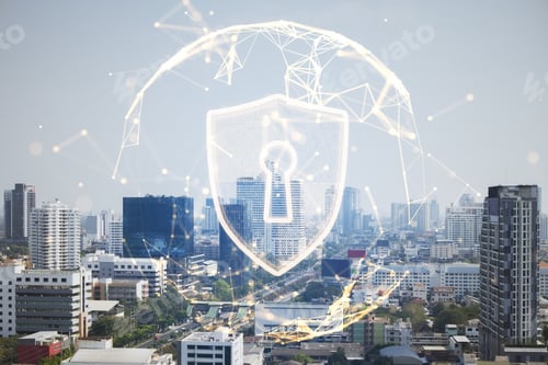 Preview: Abstract Glowing Polygonal Sphere With Glowing Digital Padlock Shield On Blurry Bright City