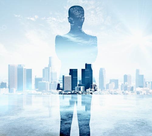 Preview: Back View Of Thoughtful Young Businessman On Abstract Blue City Background. Double Exposure