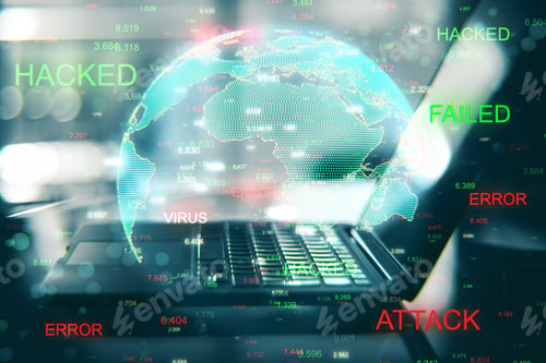 Preview: Close Up Of Hacked Laptop With Globe. Malware And Phishing Concept. Double Exposure