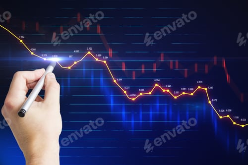 Preview: Man Hand Touches Digital Screen With Red And Blue Financial Graphs Of Stock Market Chart. Double