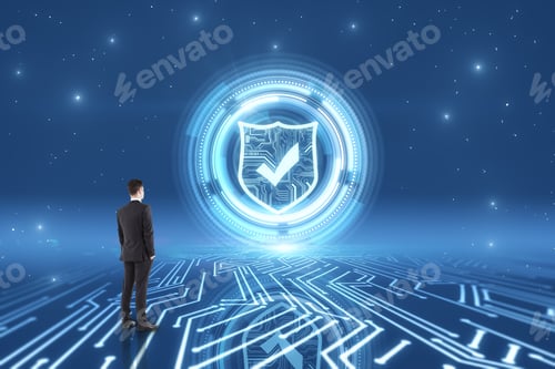 Preview: Thoughtful Young Busiessman On Creative Glowing Circuit Antivirus Background. Cyberspace And Safety