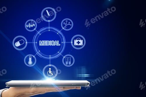 Preview: Close Up Of Hand Holding Tablet With Creative Medical Interface On Blue Background. Medicine And