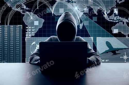 Preview: Hacker At Desktop Using Laptop With Abstract Digital Map Interface On Blurry Background. Global