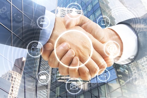 Preview: Close Up Of Handshake With Web Icons On Blurry City Background With Sunlight. Social Network And
