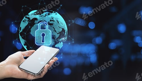 Preview: Close Up Of Hand Holding Smartphone With Abstract Glowing Globe Hologram With Security Padlock Icon