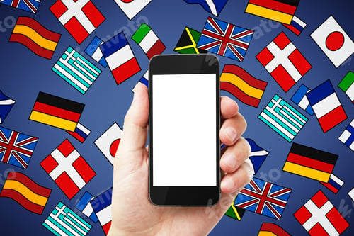 Preview: Close Up Of Male Hand Holding Empty Mock Up Screen Smartphone With Abstract Colorful Flag Drawings
