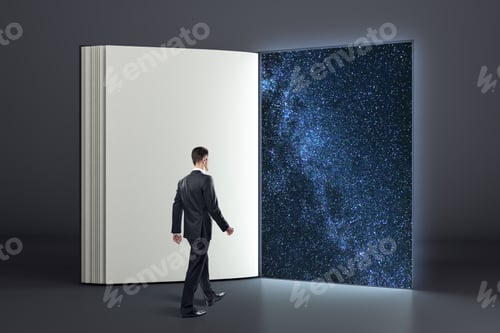 Preview: Businessman Entering Abstract Open Book Into Open Space. Mystery And Success Concept.