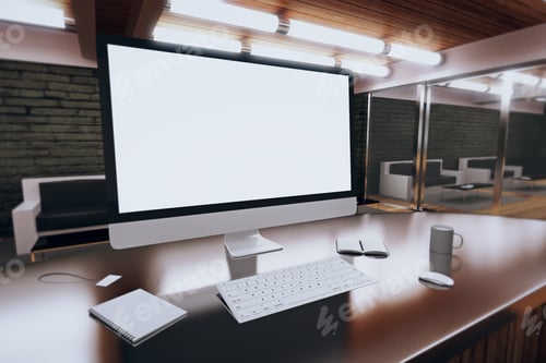 Preview: Blank Computer Desktop With Coffee Mug, Diary And Other Accesories In Modern Loft Room, Mock Up 3D