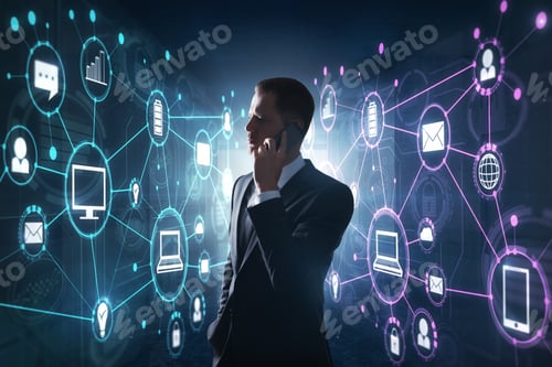 Preview: Businessman Talking On The Phone On Abstract Blurry Background With Digital Interface. Future And