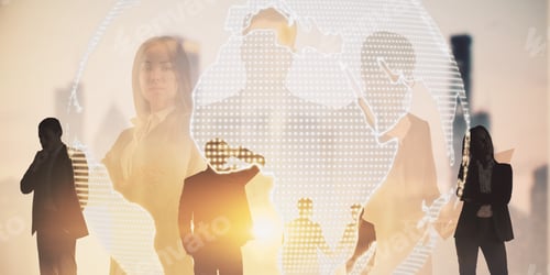 Preview: Attractive European Business People Working Together On Abstract City Background With Digital