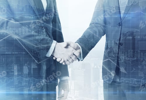 Preview: Businessmen Shaking Hands On Abstract City Background With Business Charts. Teamwork Concept