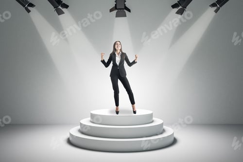 Preview: Best Employee And Leadership Concept. Attractive Businesswoman Standing On Illuminated Podium On