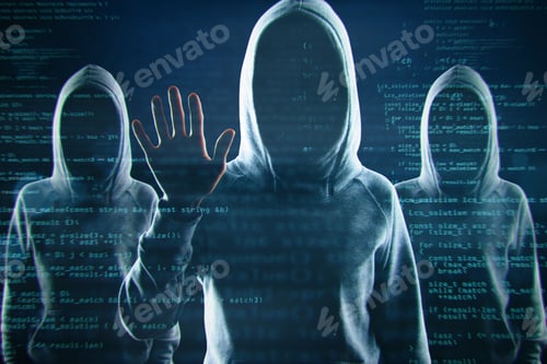 Preview: Creative Image Of A Group Of Hackers In Hoodies Standing On Abstract Dark Coding Wallpaper