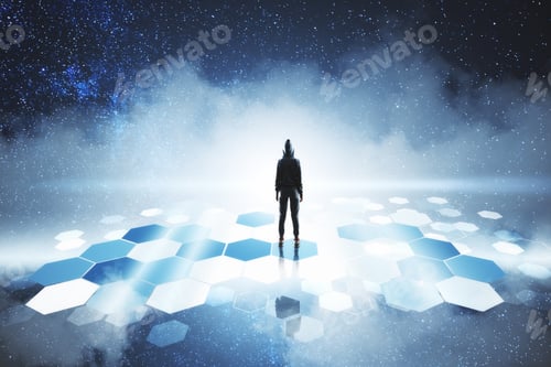 Preview: Back View Of Hacker On Abstract Digital Sky Background With Clouds. Hacking And Phishing Concept