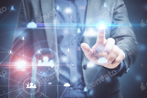 Preview: Businessman Using Abstract Hr Hologram. Human Resources And Analytics Concept. Close Up