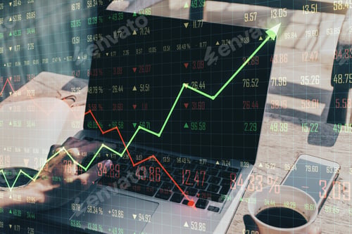 Preview: Double Exposure Of Woman Typing On Laptop Keyboard And Transparent Forex Chart Screen. Business