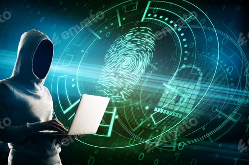 Preview: Hacker Using Laptop With Creative Blurry Finger Print Scan Interface. Hacking And Access Concept.