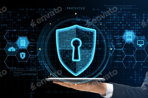 Preview: Close Up Of Businessman Hand Holding Tablet With Abstract Glowing Keyhole Shield Interface On