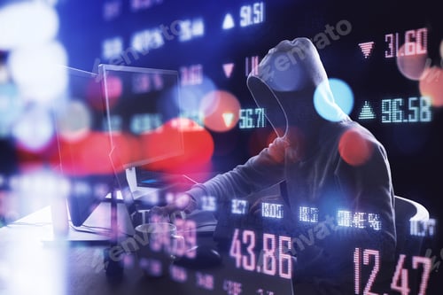 Preview: Hacker Using Computer And Business Statistics Hologram. Hacking And Cyber Attack Concept.