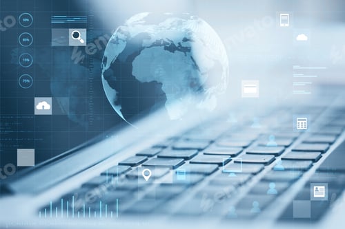 Preview: Close Up Of Laptop Computer On Desktop With Abstract Digital Social Globe Grid Hologram On Blurry