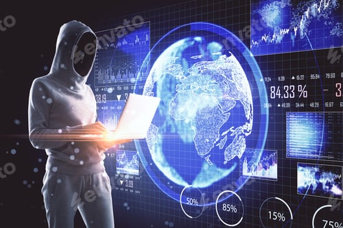 Preview: Hacker Using Laptop On Abstract Digital Background. Global Business Interface And Stock Chart