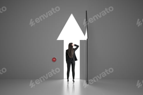 Preview: Making A Decision Concept With Businesswoman Staying In Font Of Arrow Door.