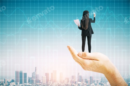 Preview: Abstract Hand Holding Businesswoman With Forex Chart Grid On Blue Sky And City Background