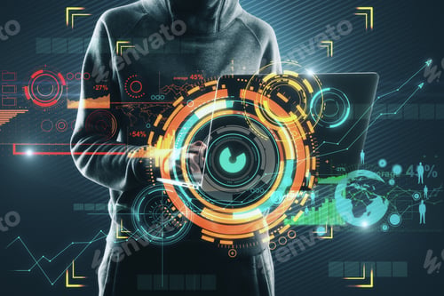 Preview: Hacker Using Laptop With Digital Business Interface On Gray Background. Technology And