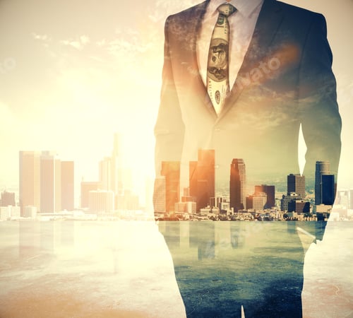 Preview: Businessman In Suit On City Background With Copy Space. Double Exposure. Research Concept
