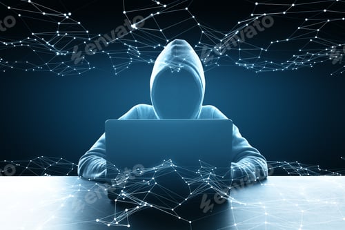 Preview: Hacker In Hoodie Sitting At Desktop Using Laptop With Glowing Polygonal Hologram On Dark