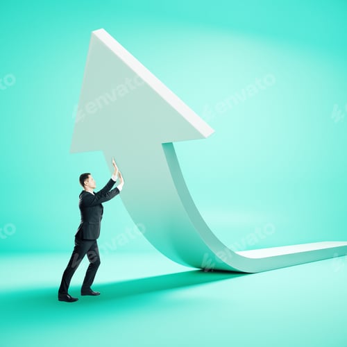 Preview: Businessman Holding Big White Arrow. Success And Startup Concept.