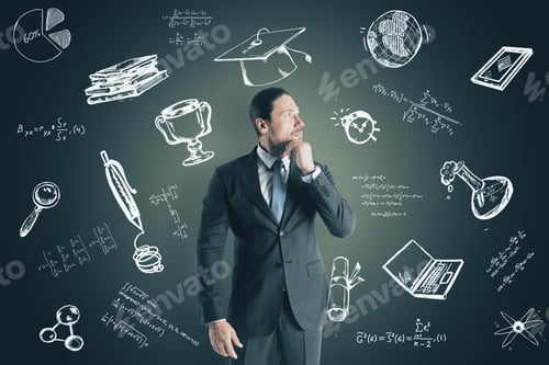 Preview: Success And Education Concept. Portrait Of Attractive Thoughtful Young Businessman Standing On Dark
