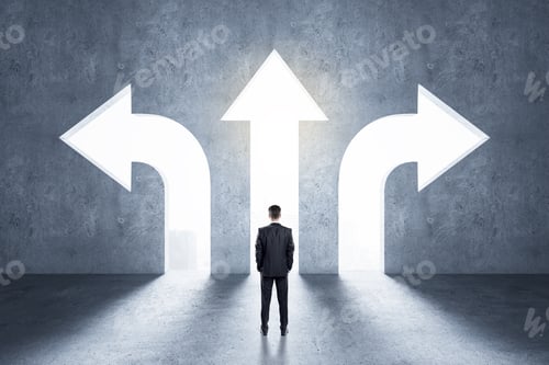 Preview: Choice Concept With Businessman In Front Of Arrow Holes Directed In Different Directions In Grey