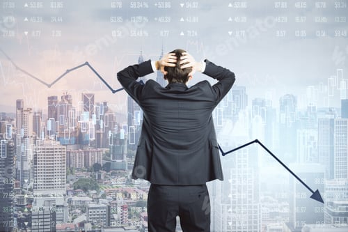 Preview: Scared Businessman Looking On Abstract City Background With Forex Chart. Success And Trade Concept