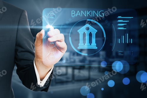 Preview: Close Up Of Businessman Hand Pointing At Creative Online Banking Hologram On Blue Blurry