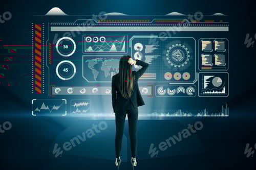 Preview: Back View Of Attractive Young European Businesswoman Standing On Dark Background With Glowing