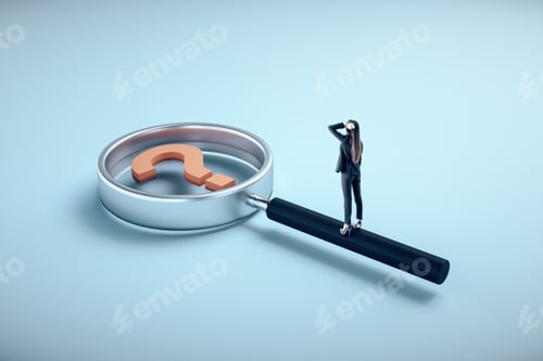 Preview: Businesswoman Standing On Magnifying Glass With Drawing Red Question Mark Sign. Business And