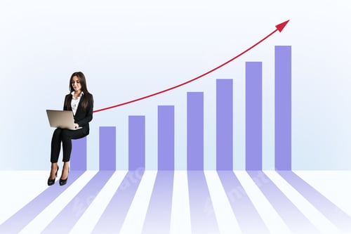 Preview: Attractive Young European Businesswoman With Laptop And Blue Business Chart And Red Arrow. Finance