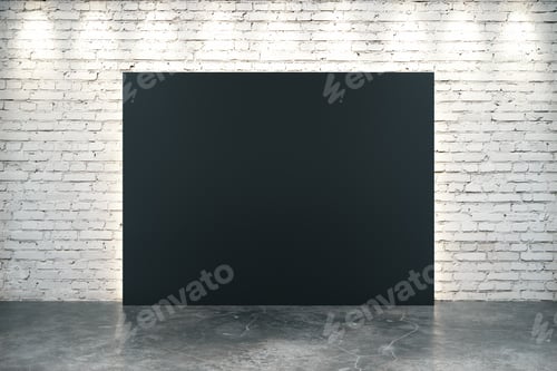 Preview: Big Blank Black Canvas On Concrete Floor At White Brick Background 3D Render