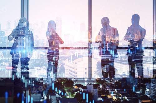 Preview: Colleages Standing On Abstract Illuminated City Background With Forex Chart. Teamwork And Finance
