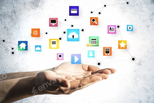 Preview: Hand Holding Glowing Online Networking Cloud Icons On Concrete Wall Background. Global Business And