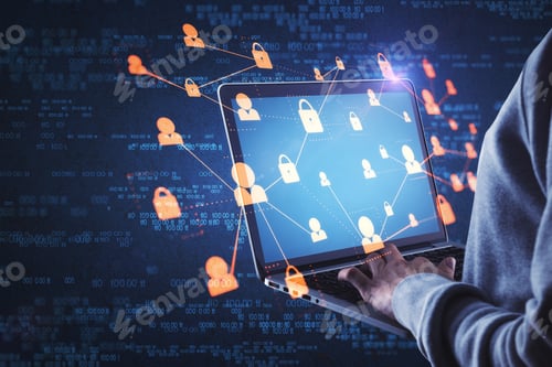 Preview: Side View And Close Up Of Hacker Hand Using Laptop With Digital Business Interface And Binary Code