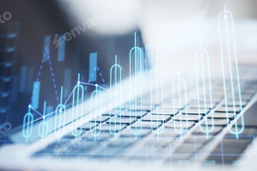 Preview: Close Up Of Laptop Or Notebook With Growing Annual Business Chart Report On Blurry Background
