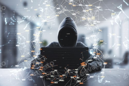 Preview: Hacker At Desk Using Computers With Creative Glowing Big Data Connections Circle On Blurry Interior