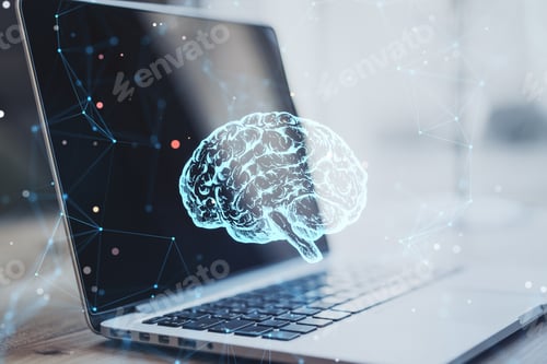 Preview: Close Up Of Laptop Computer With Creative Polygonal Brain Hologram On Blurry Background. Neurology